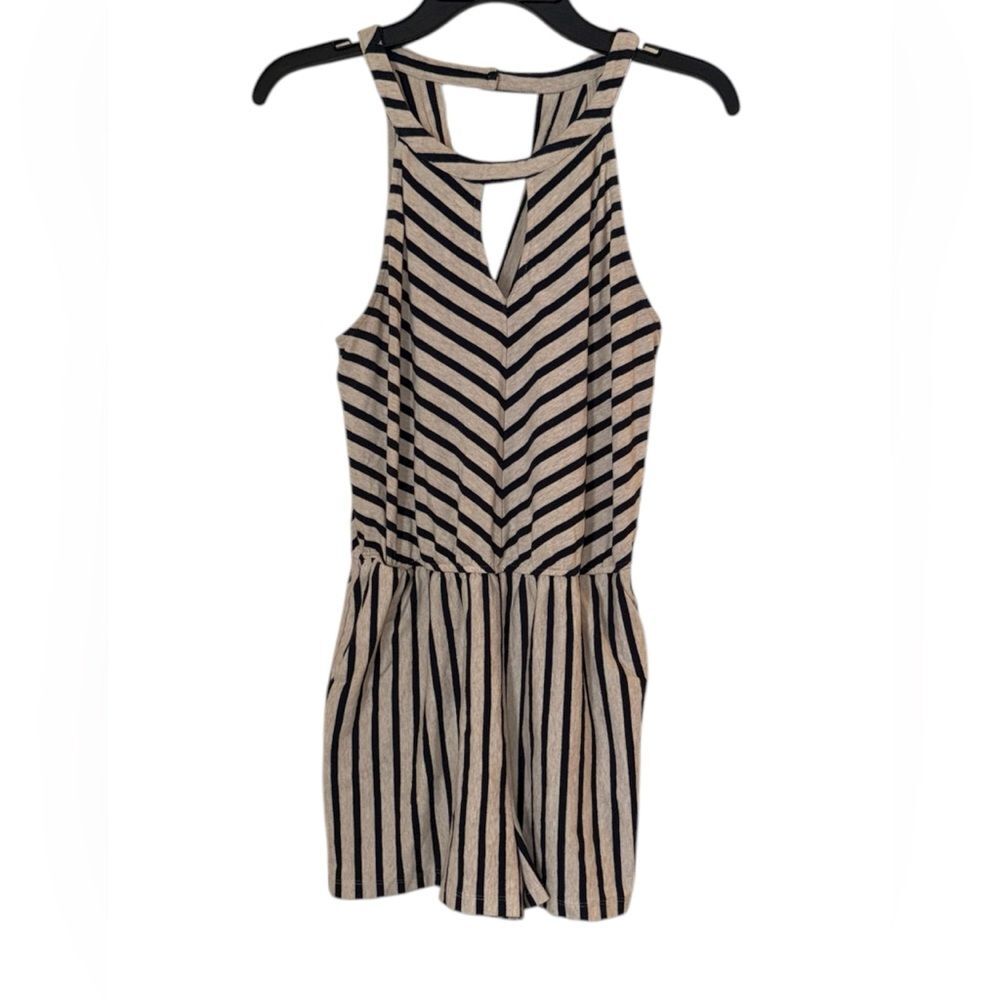 Skies Are Blue S Striped Halter Romper Jumpsuit Navy Blue & White Chevron